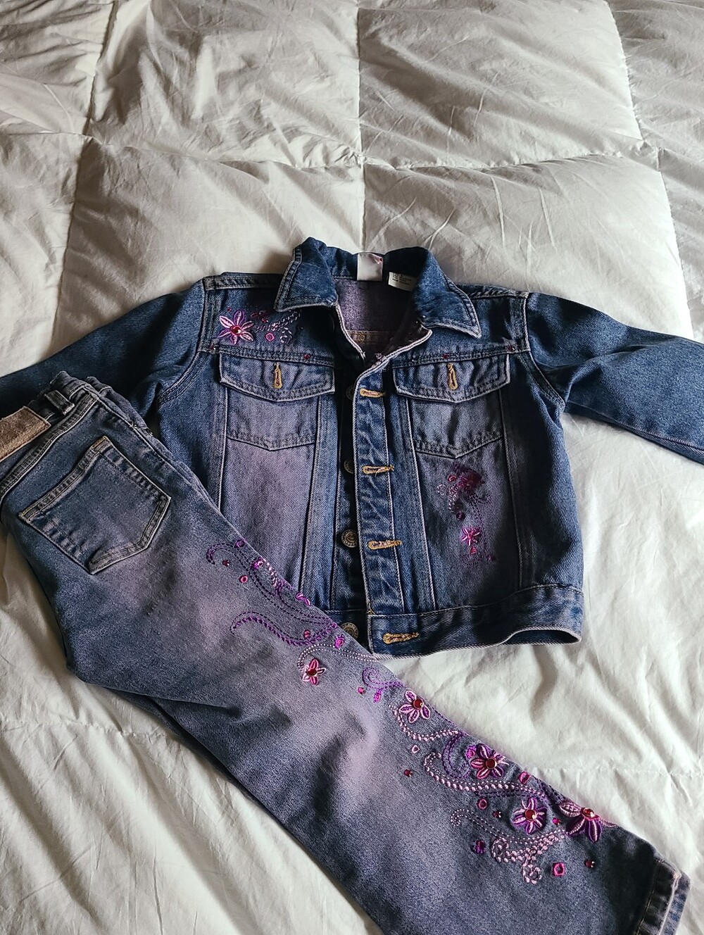 Lipstick Purple/blue Denim Kids Flare Set with Pink & Purple Floral Embroidery